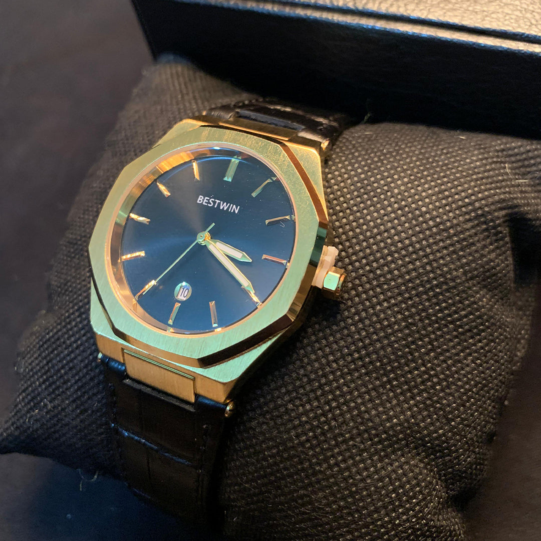 BESTWIN Men's Dress Watch – Black Dial & Leather Strap (Gold-Tone Finish)