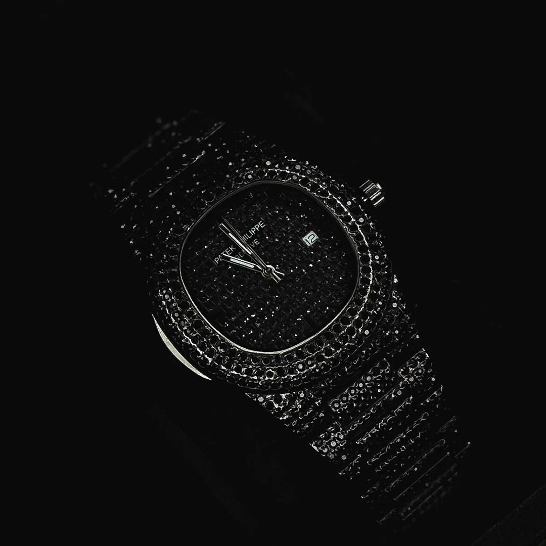 PP Luxury Iced-Out Black Crystal Watch – Date Display | Statement Piece