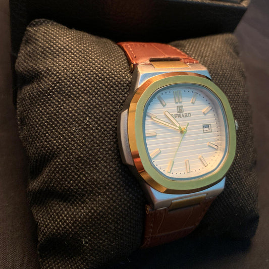 REWARD Classic Two-Tone Watch – Silver Dial & Brown Leather Strap