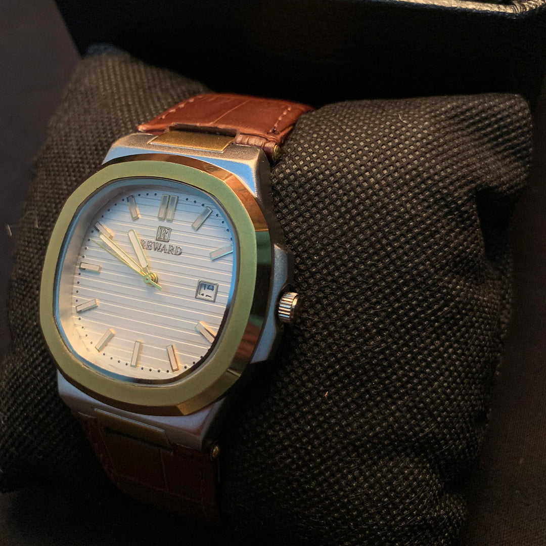 REWARD Classic Two-Tone Watch β Silver Dial & Brown Leather Strap