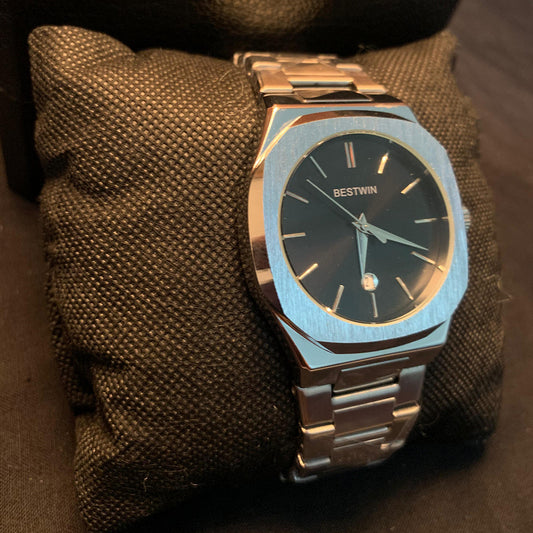 BESTWIN Men's Stainless Steel Watch – Black Dial with Date Display