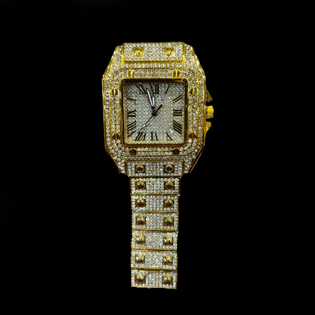 Cartier Iced Santos-Inspired – Gold Edition Fully Flooded Watch