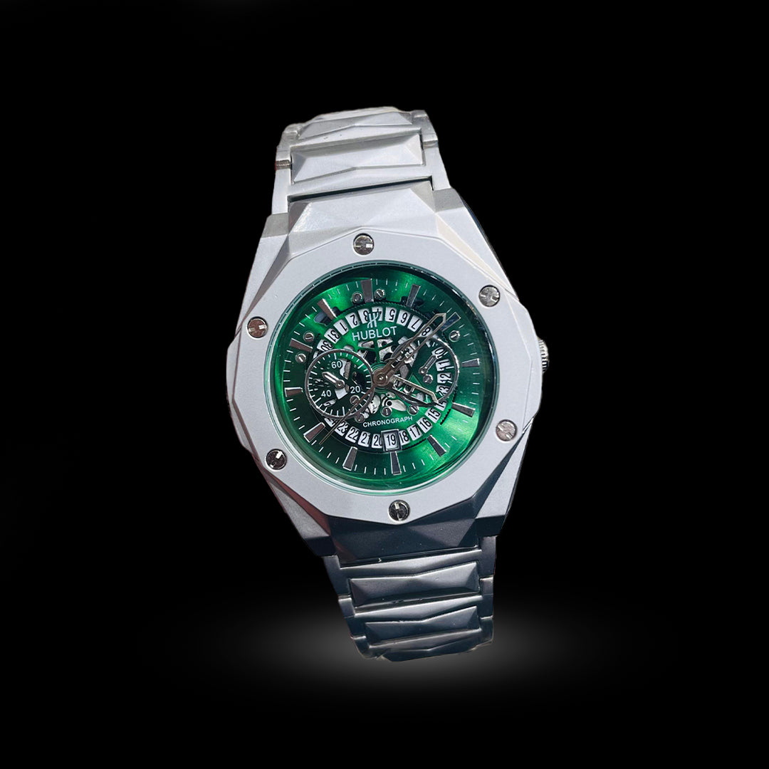 Hublot Octagon Chronograph Series – Multifunction Steel Watch (Green, Blue, Silver Dials)