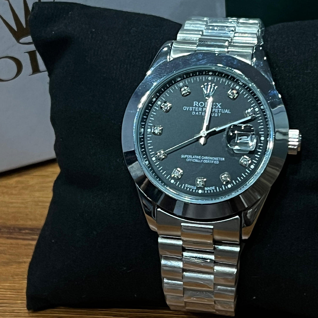 Rolex Datejust – Black Dial with Diamond Hour Markers (Stainless Steel)