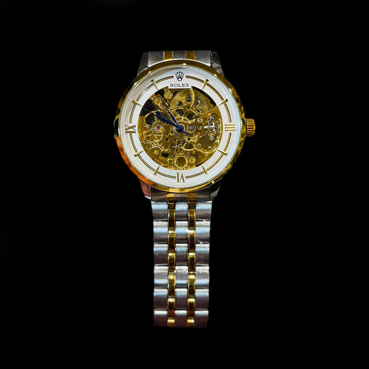 Rolex-Inspired Skeleton Automatic Watch – Two-Tone Luxury Edition