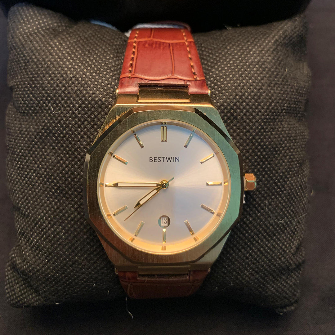 BESTWIN Classic Men's Analog Watch with Leather Strap – Elegant Dress Timepiece
