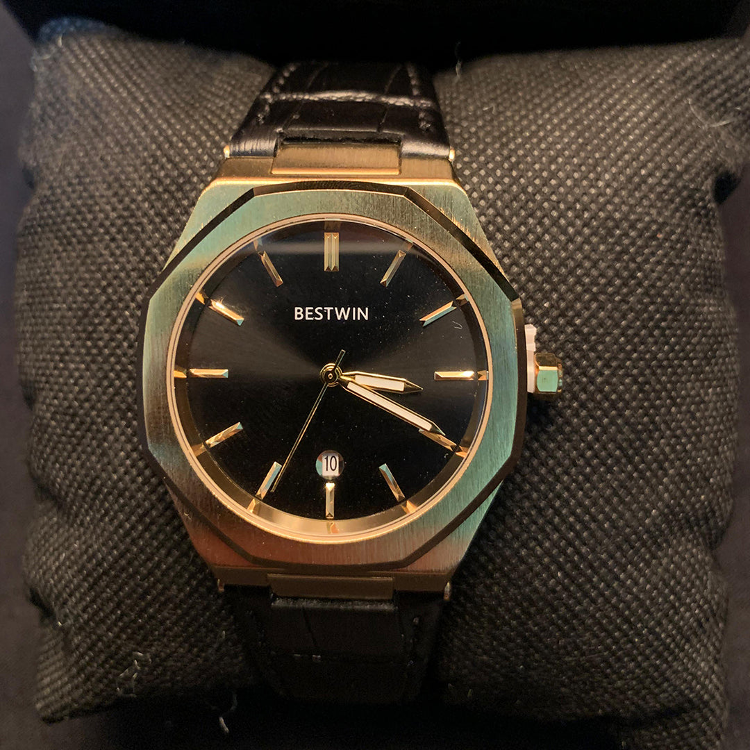 BESTWIN Men's Dress Watch – Black Dial & Leather Strap (Gold-Tone Finish)
