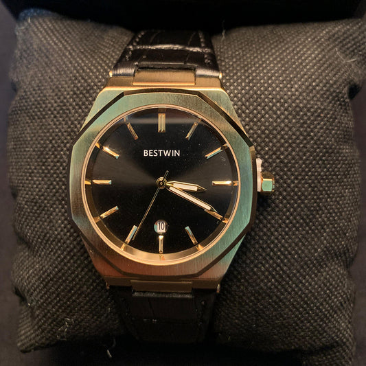 BESTWIN Men's Dress Watch – Black Dial & Leather Strap (Gold-Tone Finish)