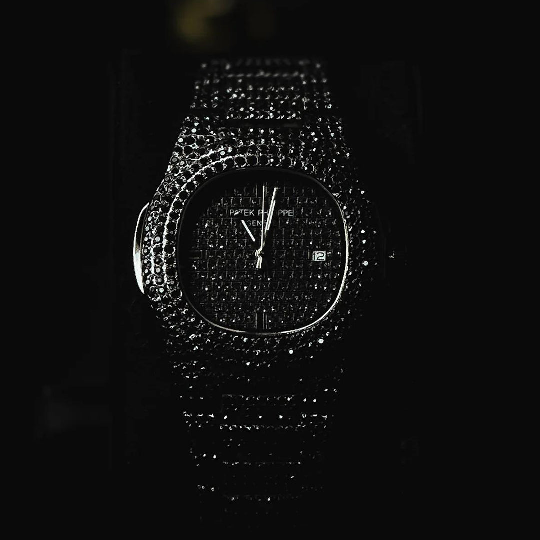 PP Luxury Iced-Out Black Crystal Watch – Date Display | Statement Piece