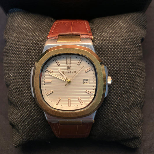 REWARD Classic Two-Tone Watch – Silver Dial & Brown Leather Strap