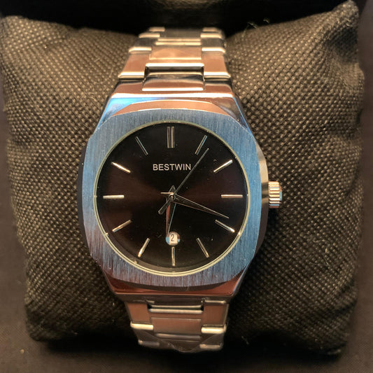 BESTWIN Men's Stainless Steel Watch – Black Dial with Date Display
