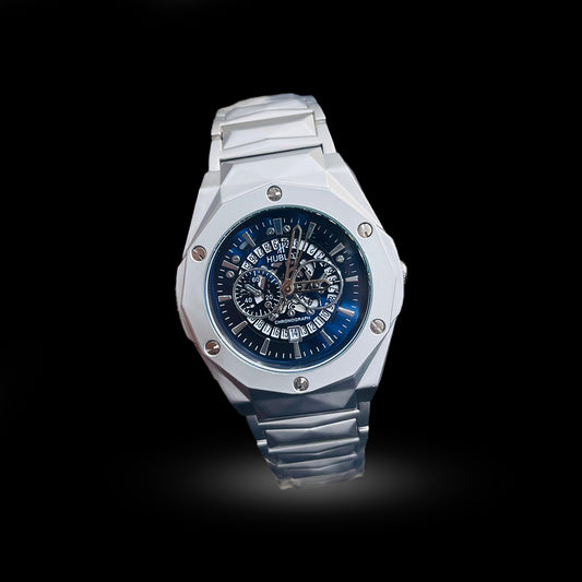 Hublot Octagon Chronograph Series – Multifunction Steel Watch (Green, Blue, Silver Dials)
