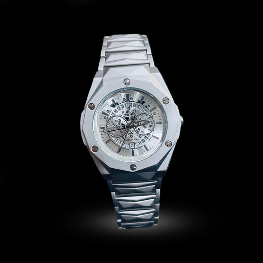 Hublot Octagon Chronograph Series – Multifunction Steel Watch (Green, Blue, Silver Dials)